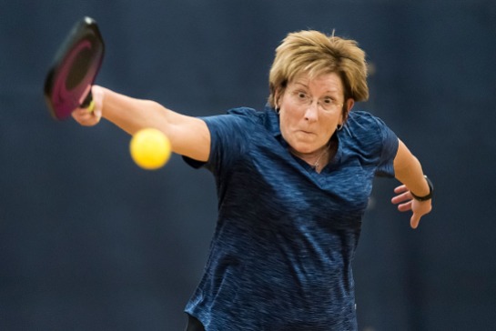 Kathy Harper hits the ball at JF Hurley YMCA's Pickleball Tournament on March 24, 2018. (Photo by Rebecca Benson)